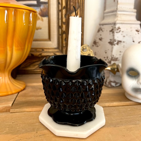 Vintage Tiara Glass Footed Tapered Candle Holder Diamond Point Gothic Style - Picture 2 of 4